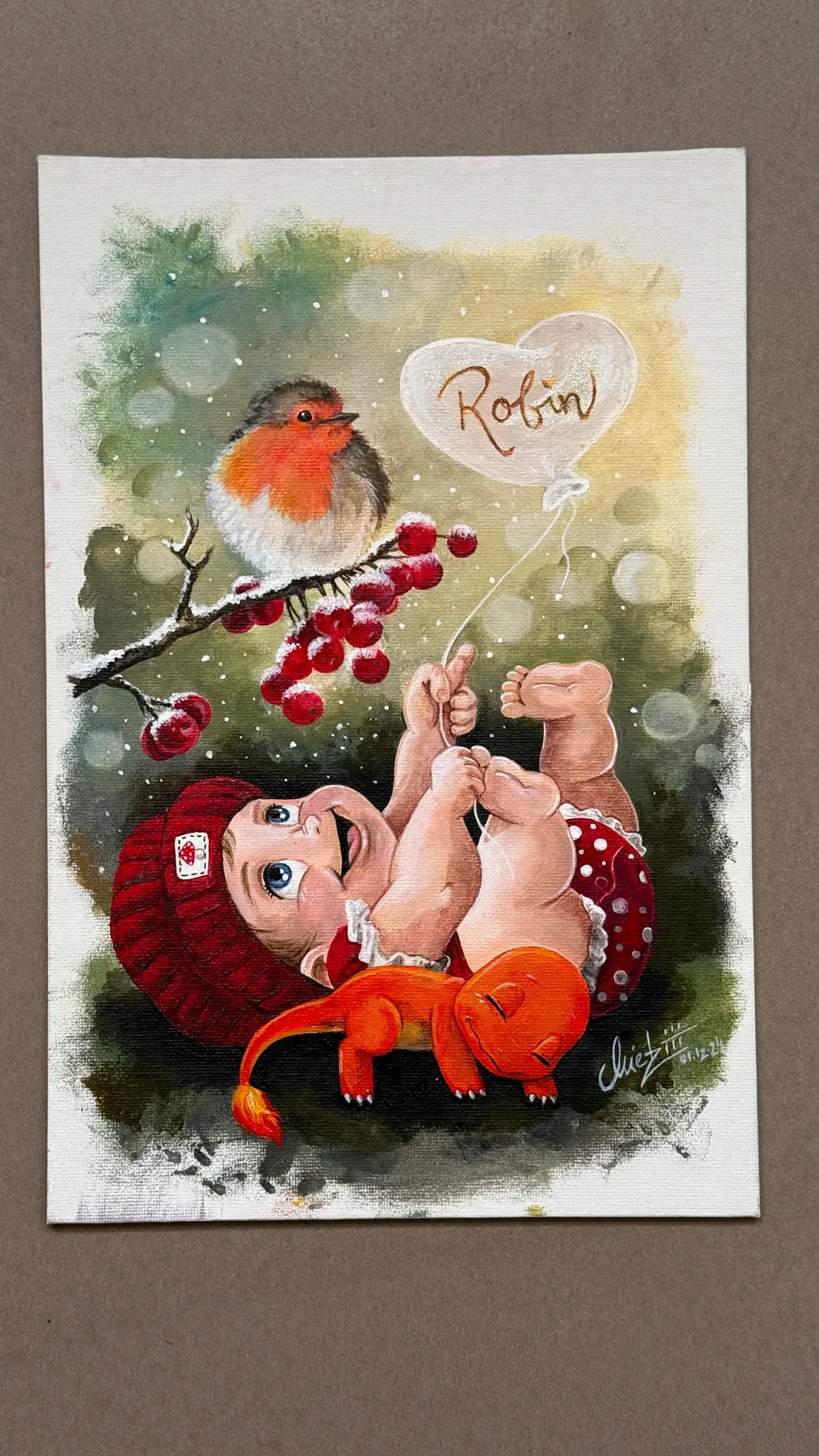 Aquarell-Acryl: Rotkehlchen mit Baby und Beeren
