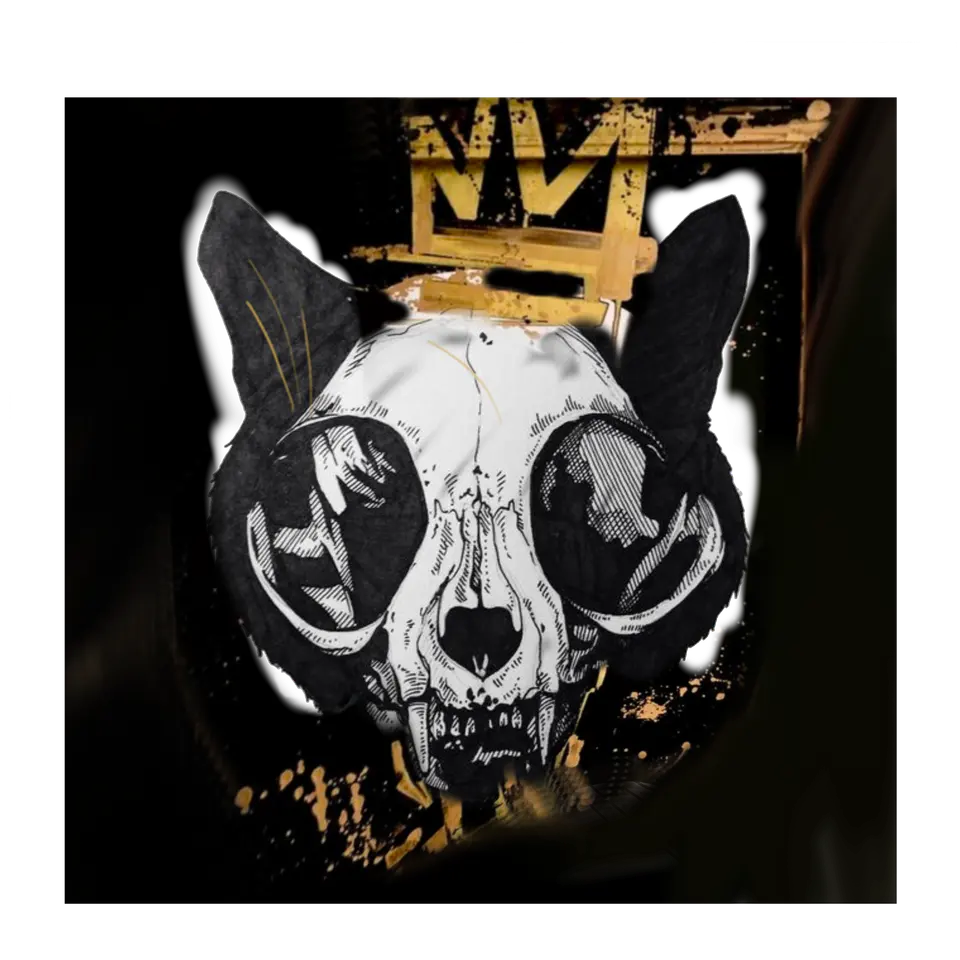 Cat Skull King in Gold auf Schwarz, digitale Illustration