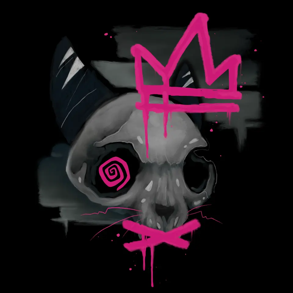 Cat Skull King: Katzenschädel mit pinker Krone und Spiralauge