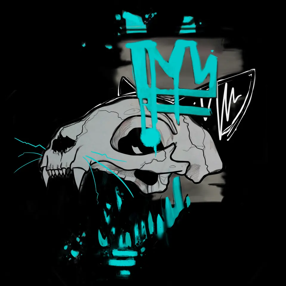 Cat Skull King: Katzenschädel mit Krone in Türkis, digitale Illustration