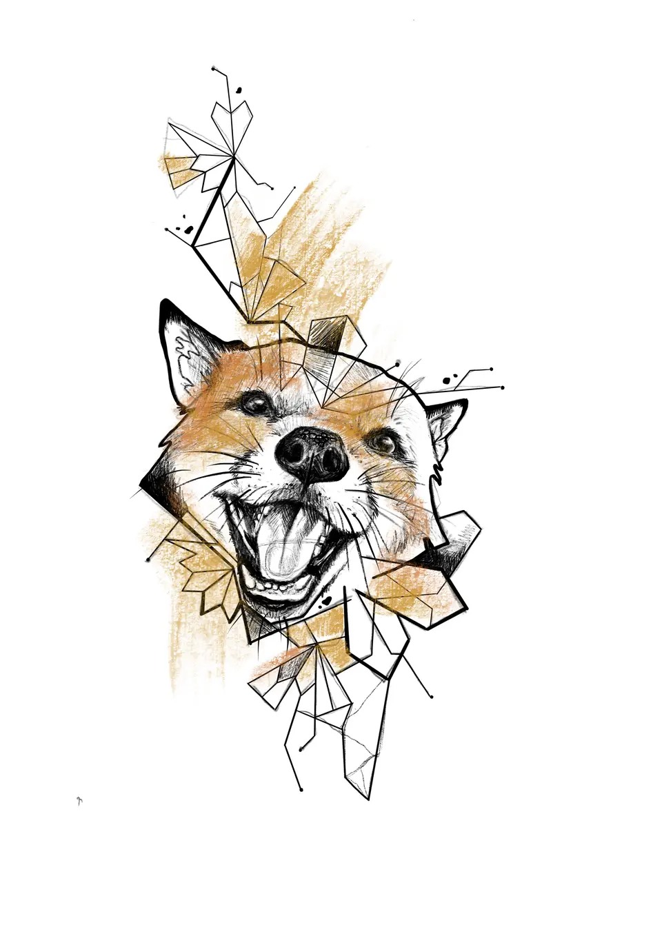 Digitale Zeichnung: lachender Fuchs mit goldenen Formen