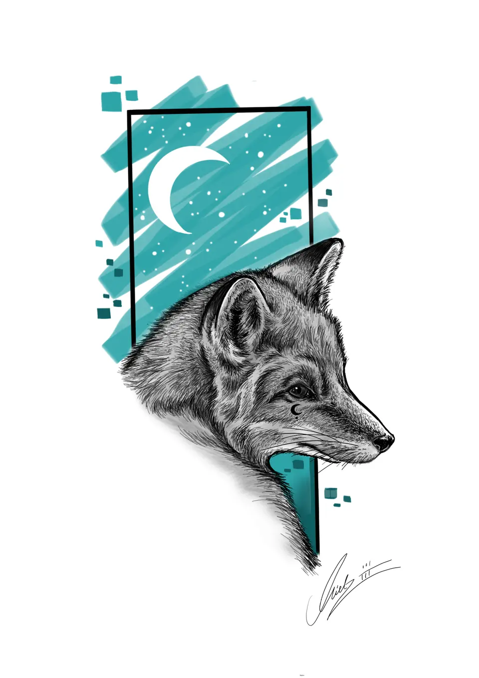 Digitale Zeichnung: Fuchs mit türkisem Mond