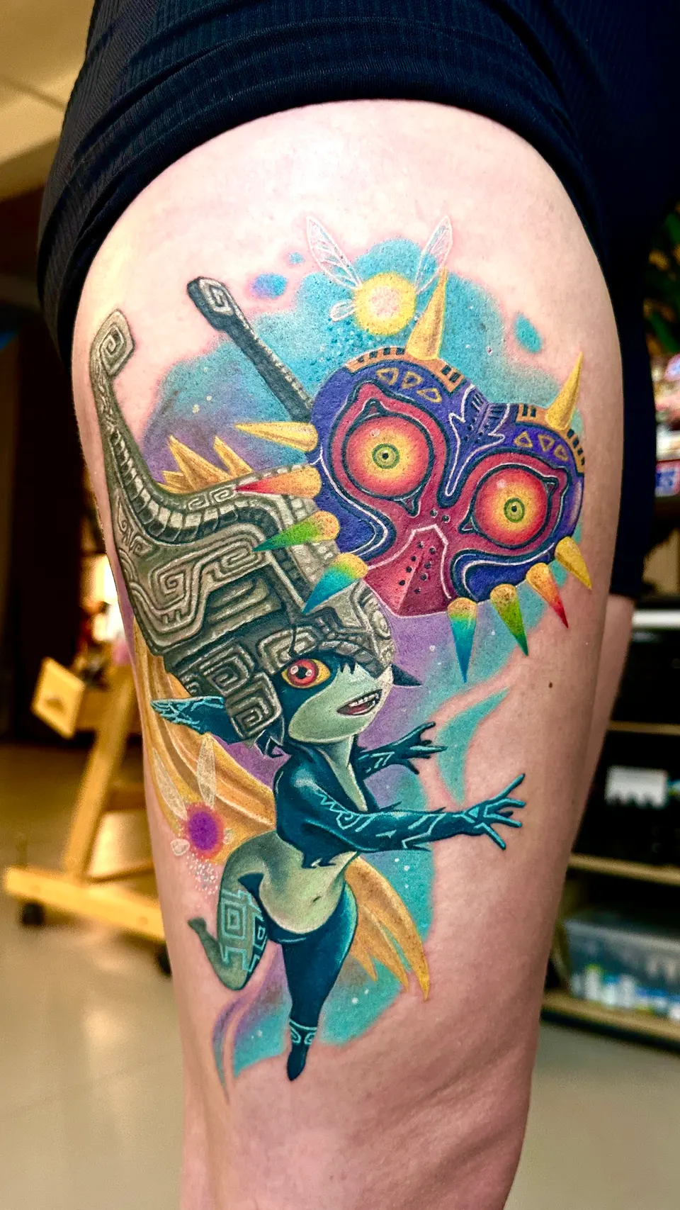 Majoras Maske aus Zelda als farbiges Tattoo