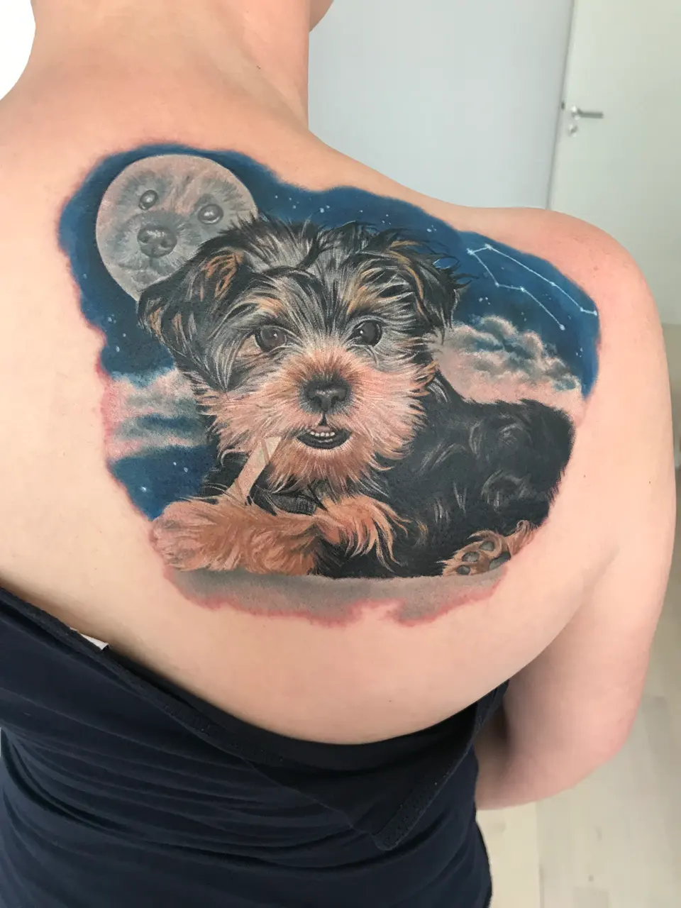 Yorkshire Terrier vor Vollmond als Schulter-Tattoo